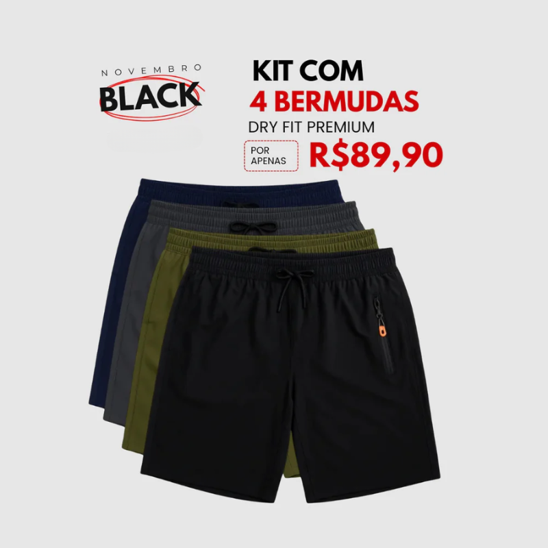 Kit 4 Bermudas DryFit Premium Evolut Performance - Secagem rápida, Bolso com Zíper e Ajuste Anatômico | BLACK FRIDAY | FRETE GRÁTIS
