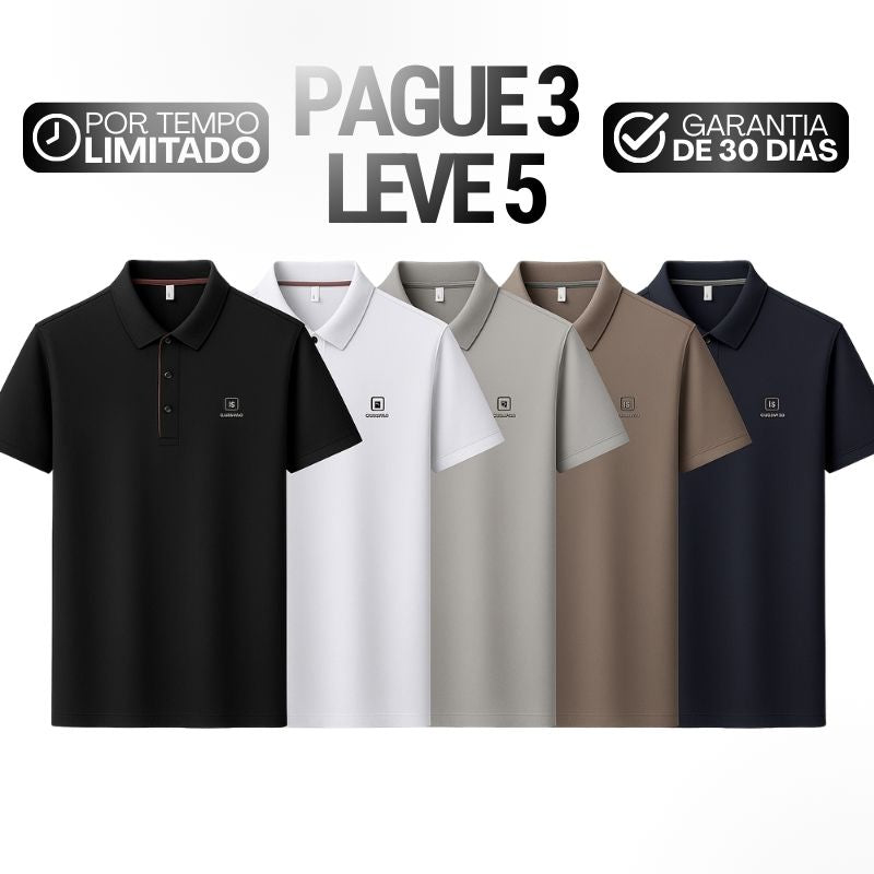 [Leve 5, Pague Só 3] Kit de Camisas Polo Masculinas Valder Premium em Seda Mulberry, Elastano e Poliéster