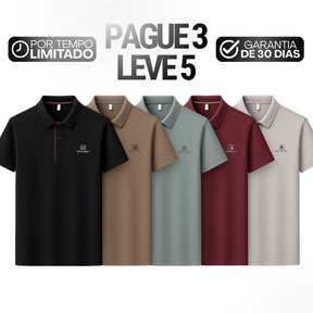 [Leve 5, Pague Só 3] Kit de Camisas Polo Masculinas Valder Premium em Seda Mulberry, Elastano e Poliéster